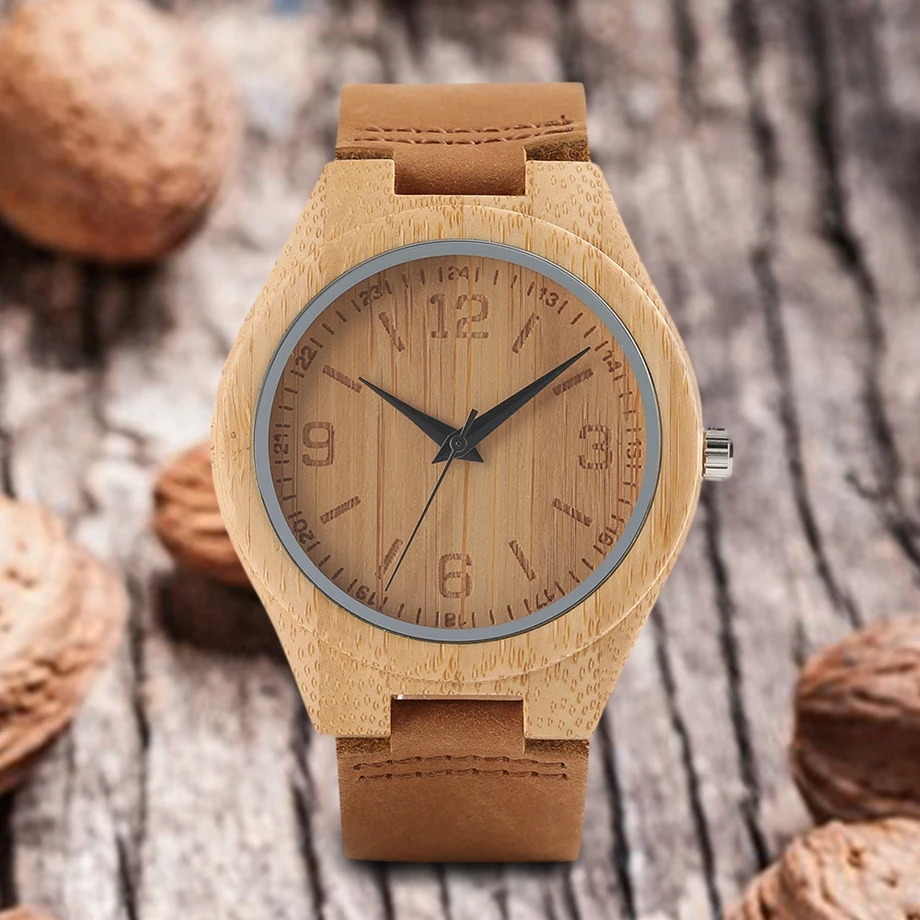 YISUYA Men's Watch Nature Wood Bamboo Watch Handmade Timber Clock Casual Sport Quartz Wrist Watch Genuine Leather Band Strap  (4)