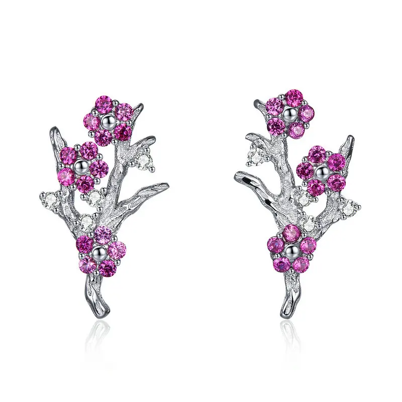 

ABAY 925 Sterling Silver Wintersweet Blooming Plum Flower Stud Earrings for Women Silver Fashion Wedding Engagement Jewelry Gift