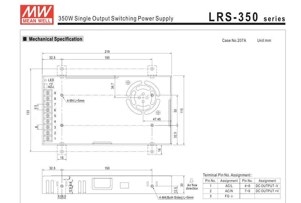 MeanWell LRS-350-5; 5 В/350 Вт режим переключения Светодиодный источник питания; AC100-240V вход; 5 В/350 Вт выход с вилкой(1,5 м/5 футов