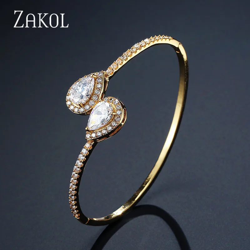 

ZAKOL Fashion AAA Micro Pave Water Drop Cubic Zirconia Baguette Bracelet Bangle Copper Base Women Accessaries FSBP2018