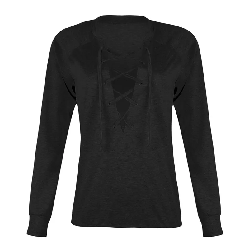 Women shirt Casual lace up Tops Round Neck Long Sleeve Loose Pullover sexy ladies tops hot sale