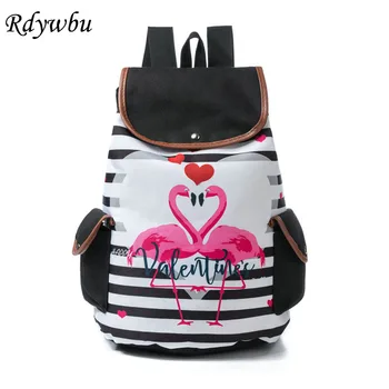 

Rdywbu Cute Flamingo Printing Drawstring Backpack Girls Striped Canvas Cartoon Travel Bag Heart Printed School Bag Rucksack B667