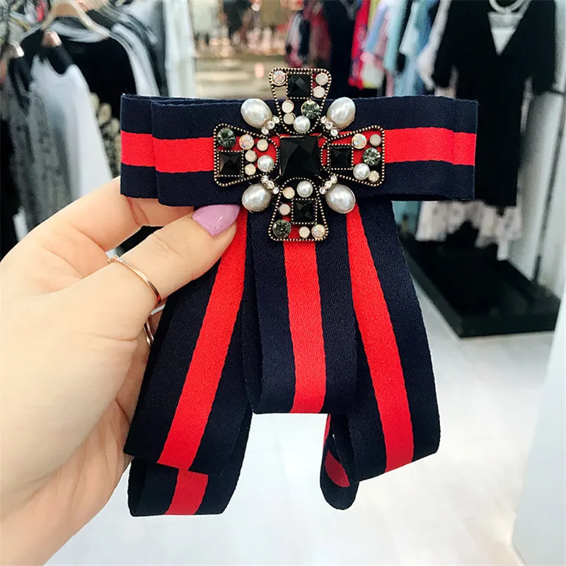 

Korea Handmade Vintage Academy Striped Bowknot Rhinestone Shirt Pins Neck Bow Tie Bowknot Accessories Fashion Jewelry-YHNLB022F