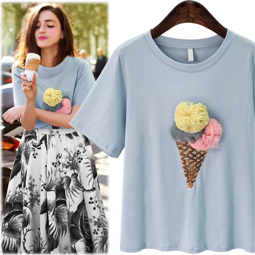 

Plus Size Women Clothing Top T-shirt Sweet Girly Summer Ice Cream Sequined Printing Ball T Shirts Fresh Light Blue Kawaii Tees