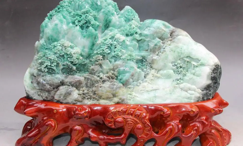 

16"Natural Green Dushan Jade Pure Hand Mountain Water Landscape Tree Horse AAA
