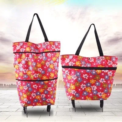 Folding Shopping Bag Women's Portable Buy Vegetables Trolley Bags On Wheels The Market Big Pull Cart Shopping Bags For Organizer - Цвет: Classic rose flower