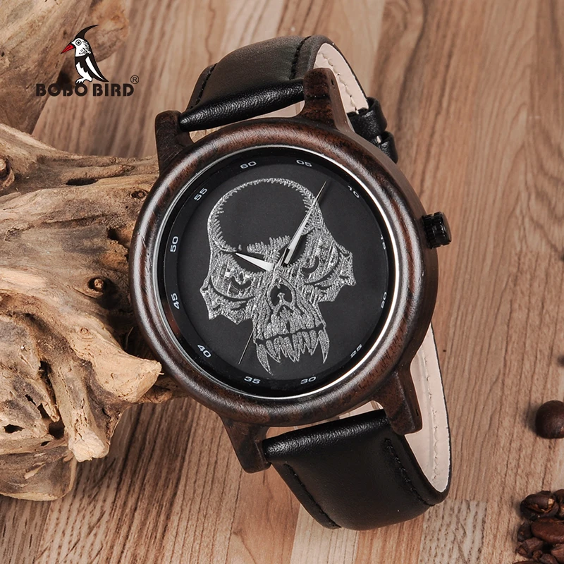 

BOBO BIRD P24 Unisex Bamboo Wood Watch Halloween Skull Feature Design Mysterious Quartz Wristwatch with Skull Custom on Glass