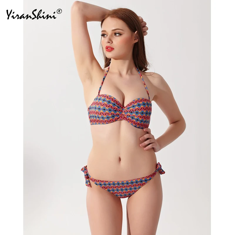 

YIRANSHINI Red Printed Sexy Backless Push Up Bikinis Women Low Waist Beach Bathing Suit Plus Size S-XL Sexy Brazilian Bikini Set