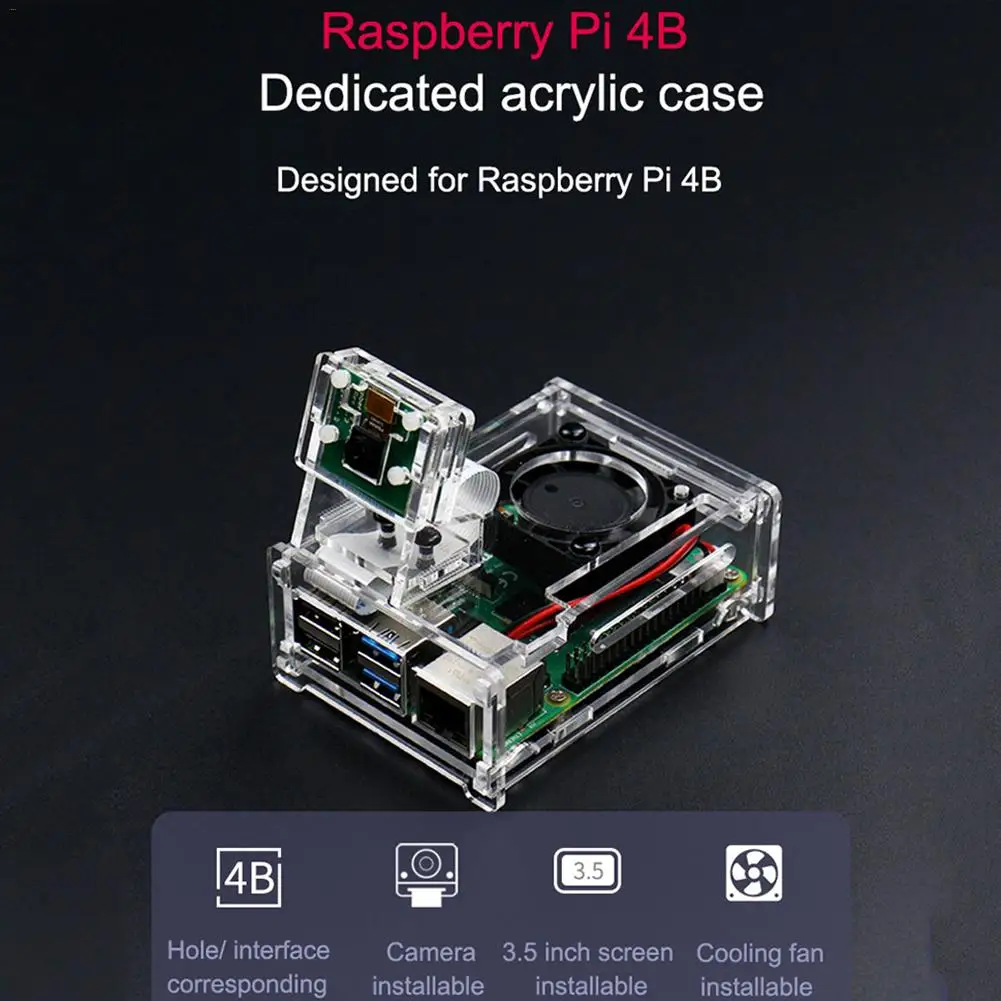 3.5 Inch Screen Clear Acrylic Case Enclosure Box with Cooling Fan for Raspberry Pi 4 Model B