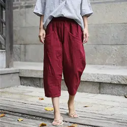 Летние укороченные брюки из хлопка и льна свободные женские шаровары с большим карманом дышащие льняные штаны для отдыха pantalon