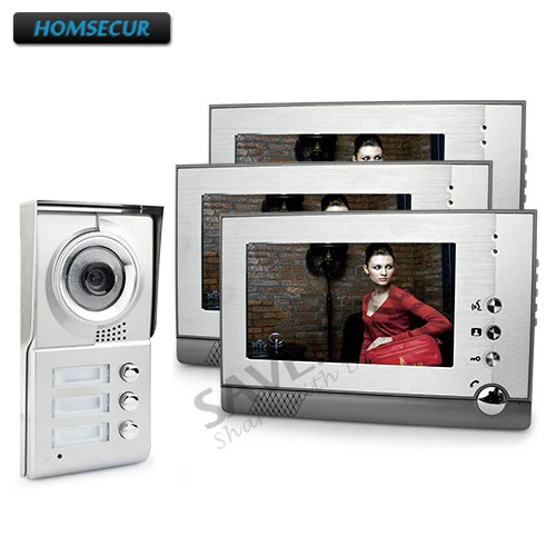 

HOMSECUR 4-Wired Apartment Door Phone System For 3 Families Rainproof Camera 7" Monitor