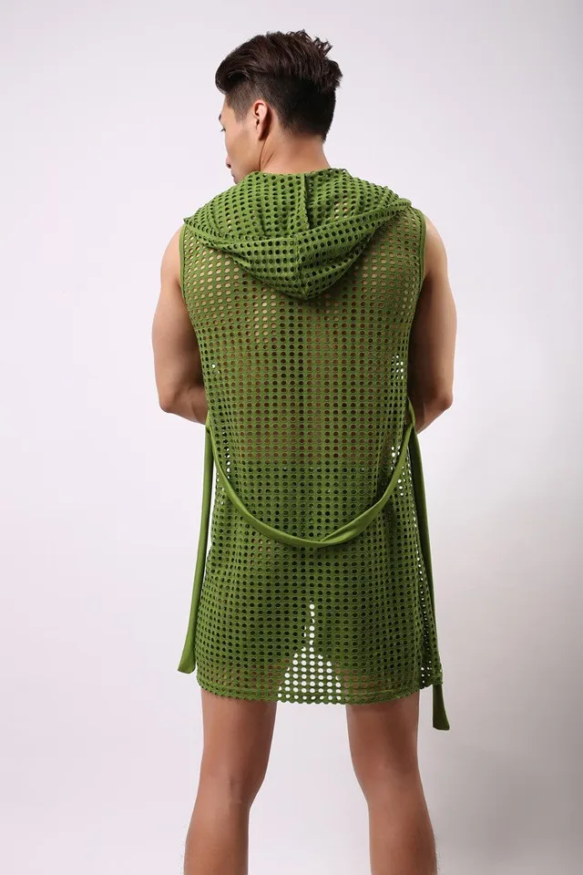 2017 Fashion HOT Men Robes Bathrobe Brand Sexy Fishnet See Inner Men Long Robe Sleepwear Mesh Hoodie Sleep Lounge Size S M L red and black plaid pajama pants