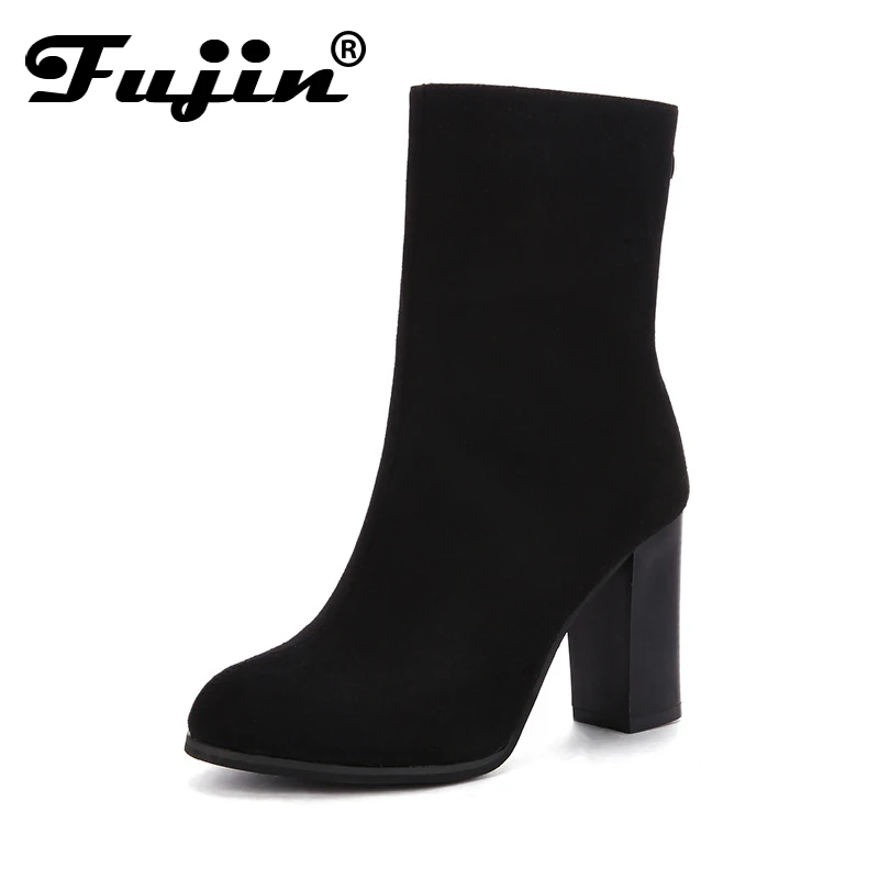 

Fujin Brand Spring Winter Women Ankle Boots High Heel Flock Zipper Boots Fashion Platform Round Toe Shoes Lady Short Booties
