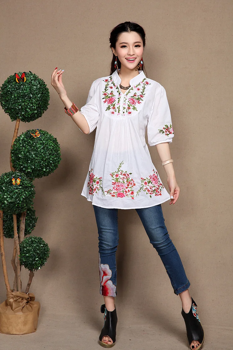 Buy 2017 New Vintage Ethnic Floral V neck loose