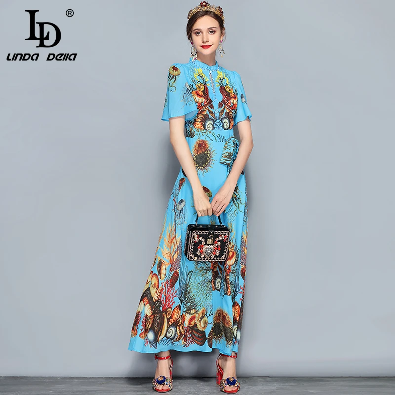 LD LINDA Делла, модное дизайнерское летнее макси платье, женское элегантное платье с поясом, с блестками, с кристаллами, с бисером, Коралловое, с принтом, длинное платье