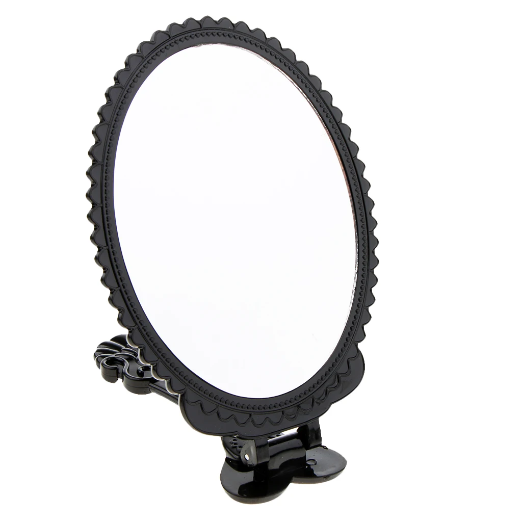 Antique Rose Flower Pattern Handheld Mirror with Folding Handle Countertop Stand 180 Degrees Full Folding Premium Black Plastic