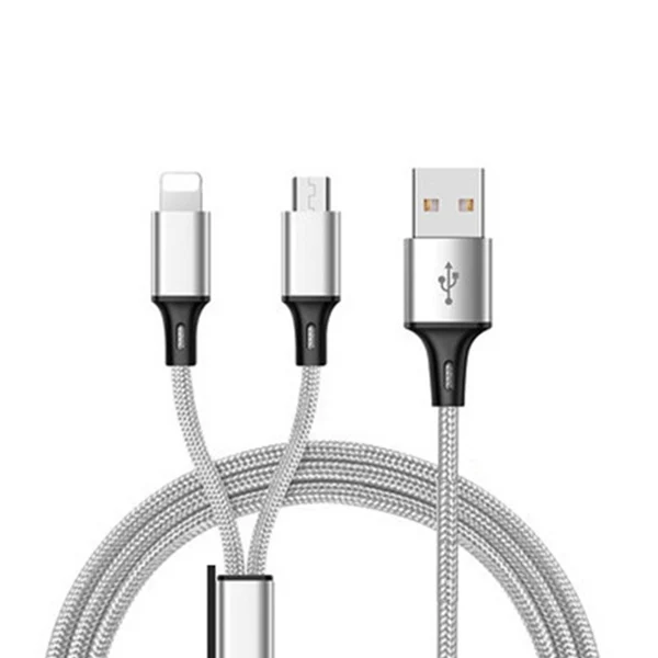 ACCEZZ нейлоновый зарядный кабель освещение для iPhone X 7 8 XR Micro USB для samsung S6 Edge Xiaomi huawei 2 в 1 Кабели для быстрой зарядки - Цвет: Серебристый