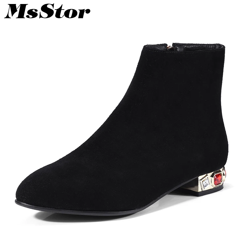

MsStor Pointed Toe Low Heel Boots Shoes Woman Casual Fashion Zipper Crystal Ankle Boots Women Shoes Winter Concise Boots Women