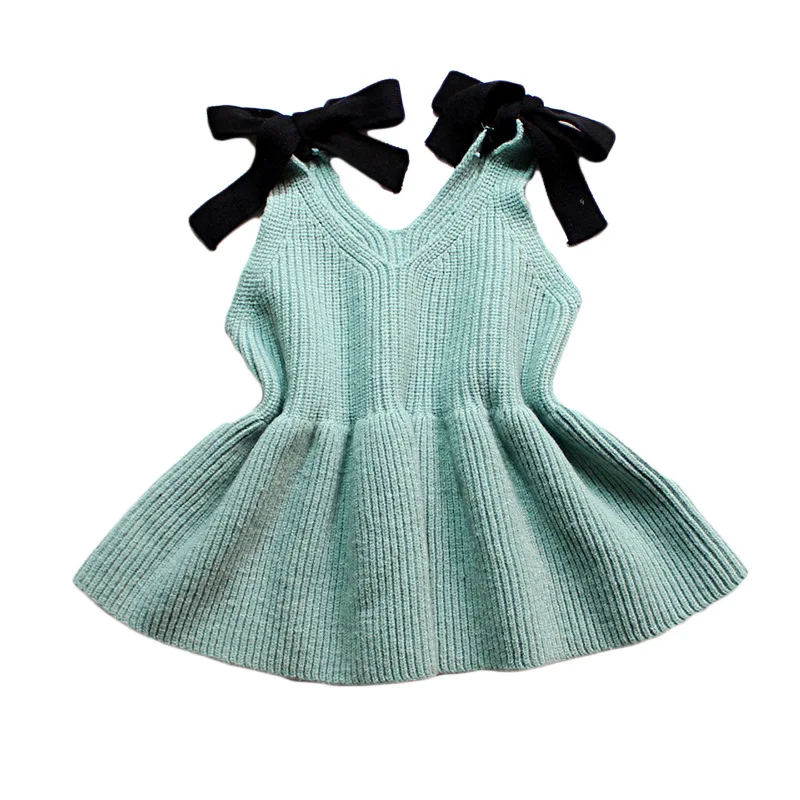 

Autumn Winter Toddler Girls Vest Dress Sleeveless Knit Sweater Dresses for Girls Cute Bow Baby Girls Vestidos RT147