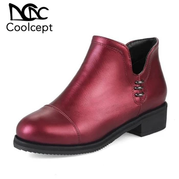 

Coolcept New women's Ankle Round Toe Solid Zip Square Heels Shoes Woman Autumn Casual Boots Plus Size 32-48