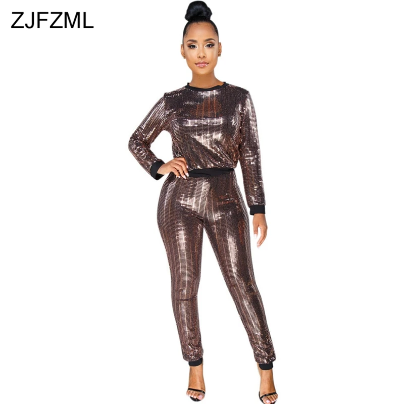 ZJFZML плюс размер повседневная одежда из 2 предметов для женщин костюм женская футболка с длинными рукавами и блестками Топ и вечерние Клубные узкие брюки осенние комплекты из двух предметов