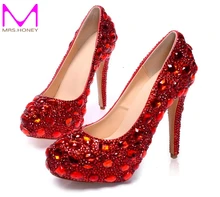 Frühling Neue Schuhe Plattformen Rot Kristall Echtem Leder Brautschuhe Tanzen Ball Party Prom Pumpen