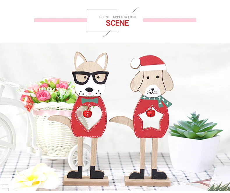 07 2019 Merry Christmas Wooden dog Ornaments Room Wall Hanging Accessories For Home Table Desktop Stand Decor Santa Bells Dog Gifts