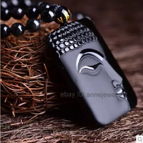 

Wonderful 100% Natural Obsidian Carved Buddha GuanYin Amulet Pendants Necklace