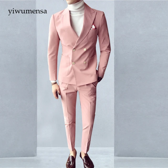 tuxedo talian Luxury Beige Mens Suit Double Breasted Pink Wedding suits