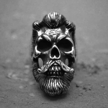 

Cool Men's Bearded Mustache Gentleman Skull Rings 316L Stainless Steel Punk Biker Jewelry Silver Color
