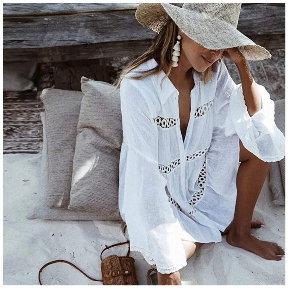 

Newly Women Bikini Cover Up Lace Hollow Crochet Swimsuit Summer Beach Dress Ladies Bathing Suit Cover-Ups FMS19