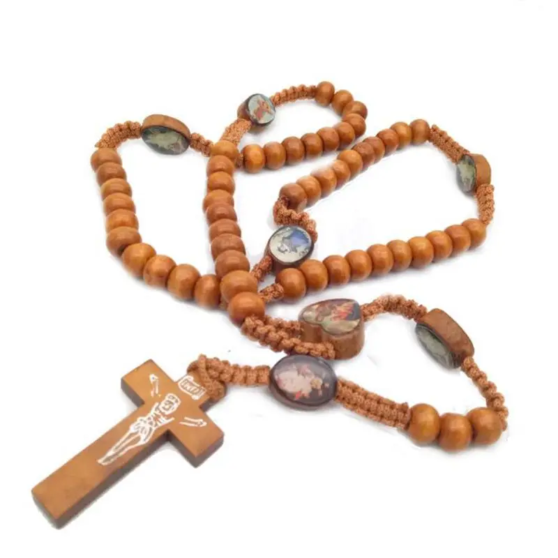 

Holy Image Sticker Wooden Beads Hand-woven Cross Necklace Religious Christian Catholic Rosary Necklace