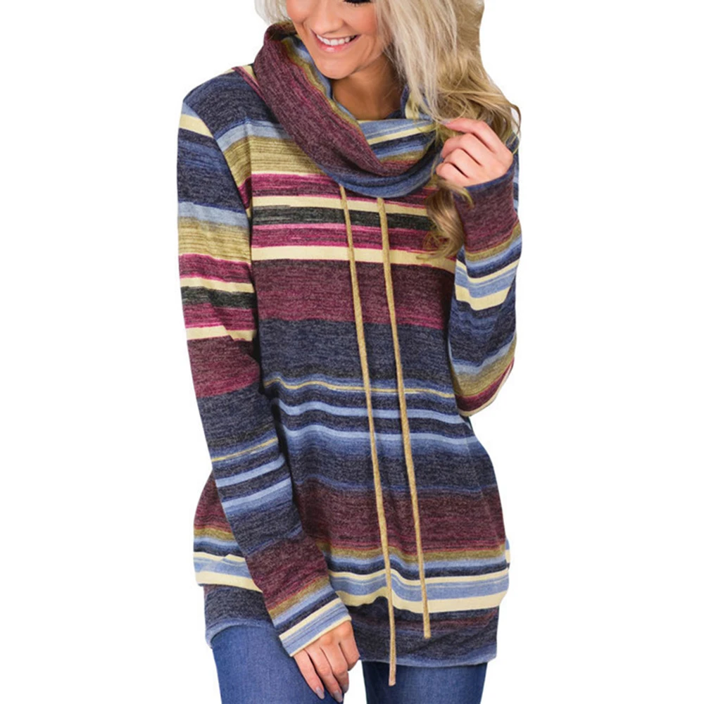 

Autumn Loose Striped Sweater Women Turtleneck Long Sleeve Pocket Tops Patchwork Color Lace Up Plus Size 2XL Casual Pullover 2019