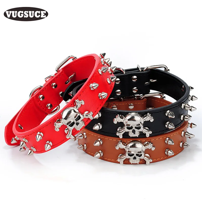 VUGSUCE Skull Spiked Punk Collar for Dogs Rivet Studded Pet Collar Leather Dog Collars for