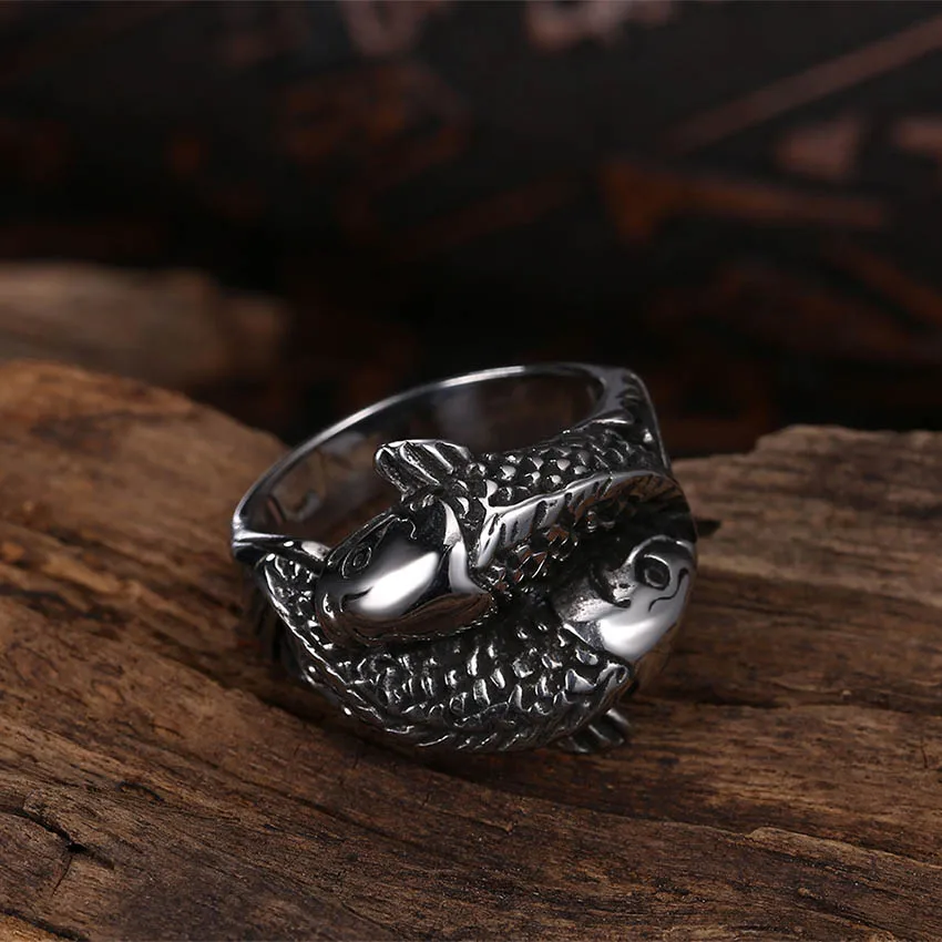 Кольцо в стиле панк из нержавеющей стали с животными рыбками, кольца большого размера, Ретро стиль, винтажное байкерское большое античное мужское кольцо для уплотнения, мужское рок-ювелирное изделие