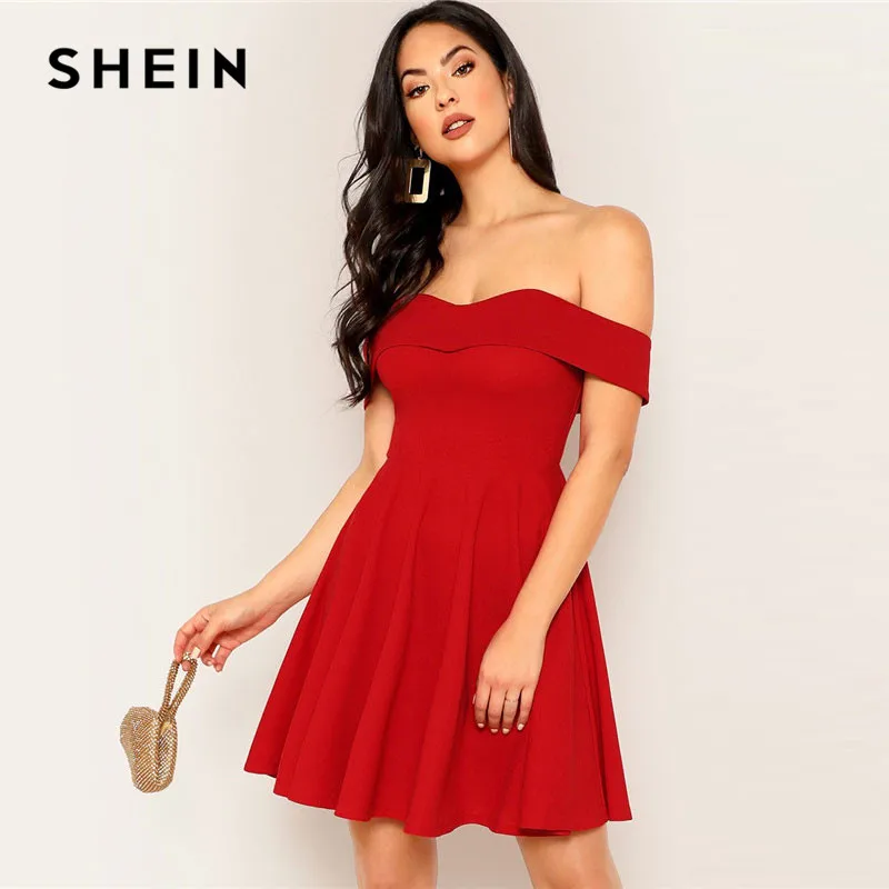 SHEIN Расклешенное Платье С Открытыми Плечами Женское Летнее Красное Элегантное Платье