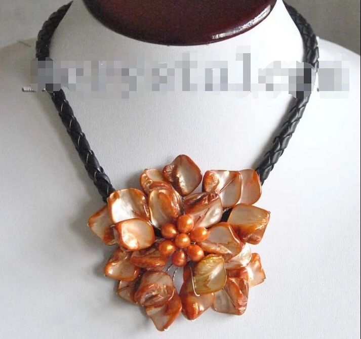 

Charming real cultured freshwater Pearl one orange Shell Flower Necklace leather^^^@^Noble style Natural Fine jewe FREE SHIPPING