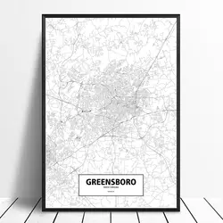 Green sboro, NORTH CAROLINA, Соединенные Штаты Черный Белый пользовательский мир Карта города печать на холсте Стена в скандинавском стиле искусство