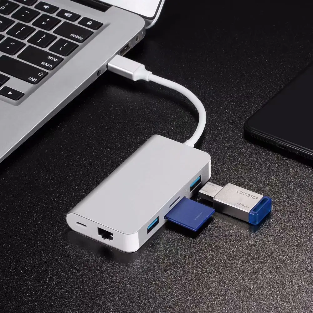 6 в 1 Тип-C Алюминий ноутбук док-станция RJ45 USB C до Card Reader USB 3,0 TF Тип C PD адаптер для MacBook док