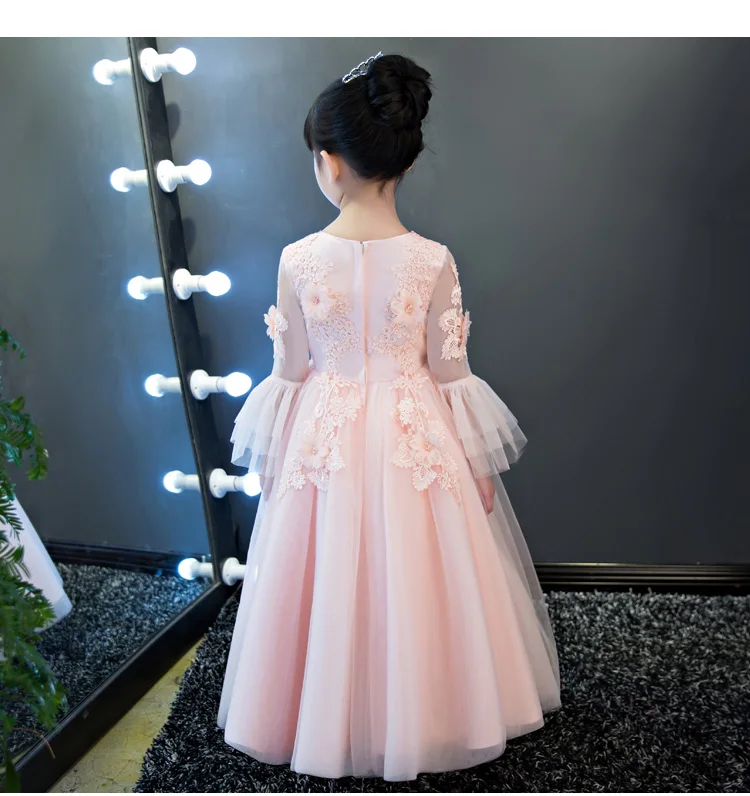 Элегантное милое розовое Сетчатое платье с длинными рукавами и аппликацией в виде цветка для девочек детское платье для дня рождения, выпускного, первого причастия