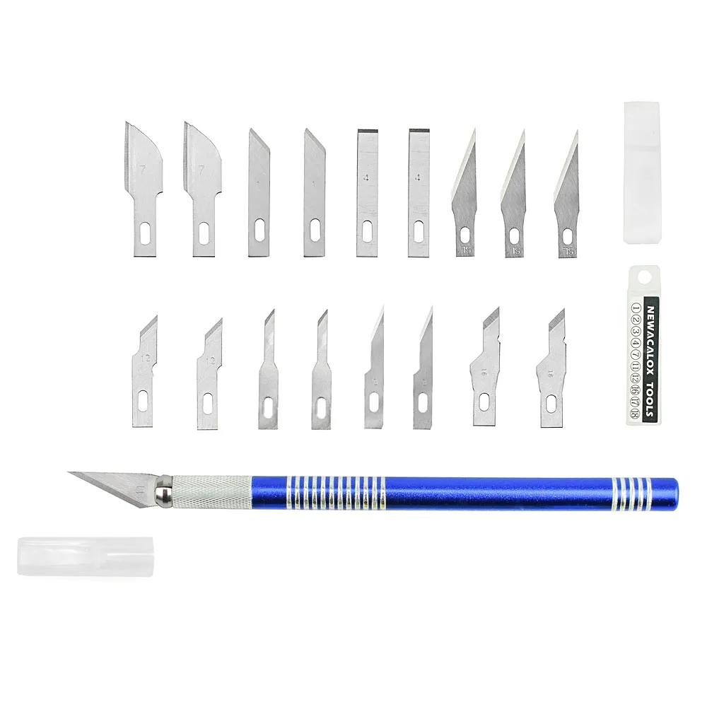 NEWACALOX 19 шт. прецизионный нож для хобби лезвия из нержавеющей стали для рукоделия DIY PCB ремонт кожаных пленок деревянная Рабочая ручка - Цвет: Blue