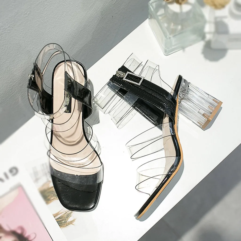 Летние женские сандалии с украшением в виде кристаллов на высоком каблуке 11 см, обувь на высоком каблуке пикантные женские венные туфли прозрачный на плоском квадратном каблуке; Металлические каблуки; большие размеры;# N3