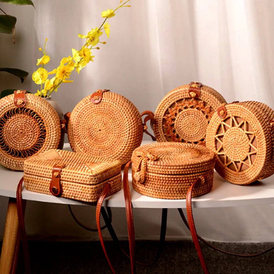 

Round Straw Bags Square Bags Travel Rattan Bag Handmade Woven Women Messenger bags Straw Crossbody Circle Bohemia bag