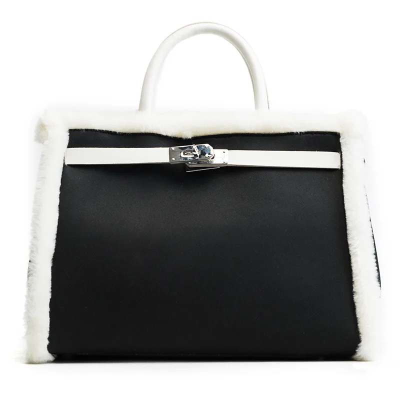 Женская зимняя новая милая сумка-тоут с замком из меха норки, плюшевая сумка, теплая сумка через плечо, повседневная сумка-тоут - Цвет: Черный