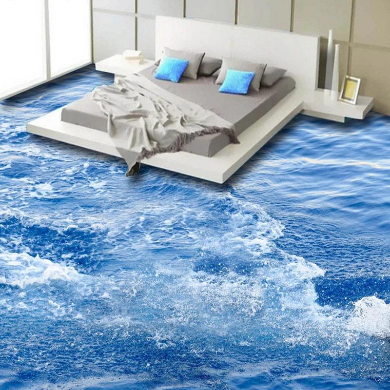 Modern Simple 3D Floor Tiles Wallpaper Blue Sea Wave Mural Bathroom Bedroom Non-slip Waterproof Thickened Self-adhesive Sticker