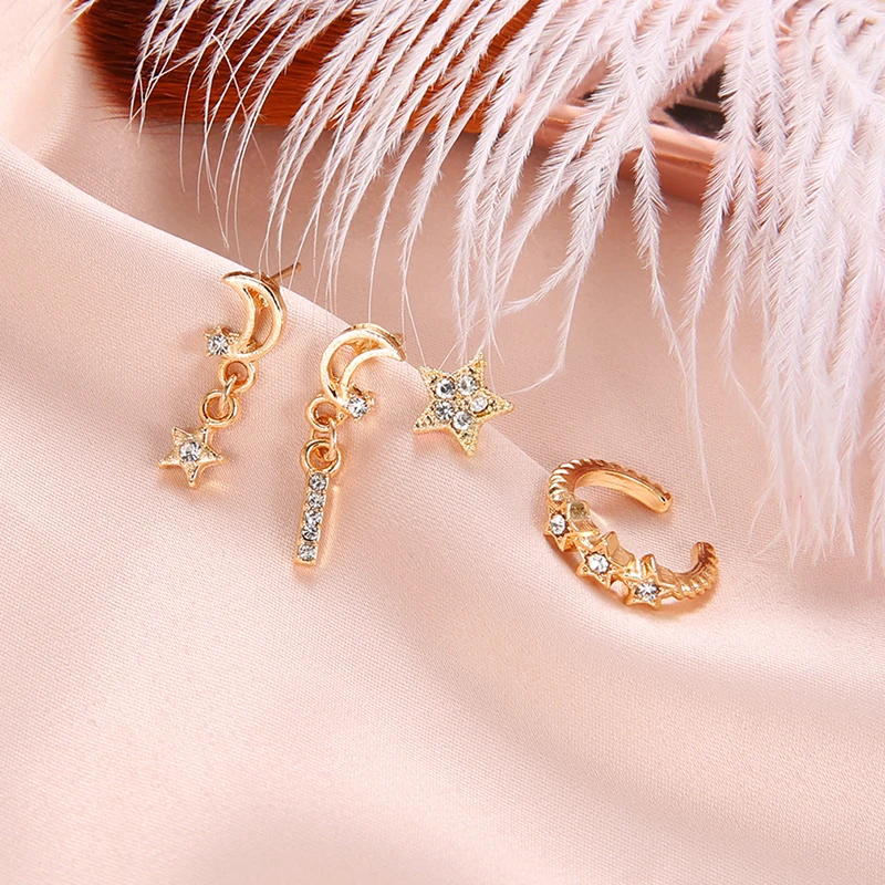 

4 Pcs/set Moon Stars Crystal Earrings for Women Girl Gold Color New Fashion Bohemian Earring Jewelry Wholesale