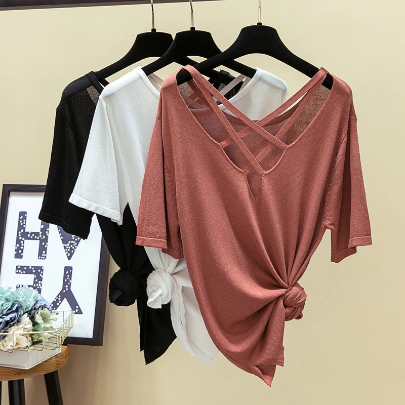 

New Summer Backless Ice Silk Knitted T-Shirt Women Cross Lace-up Short Sleeve T-Shirts Work Wear O-neck Pullover Tops Tee Mw380