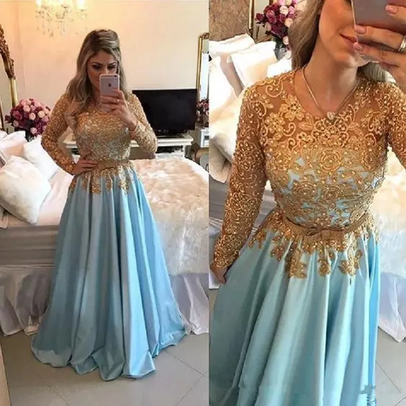 Buy 2017 Sparky Gold Lace Evening Dresses Light Blue