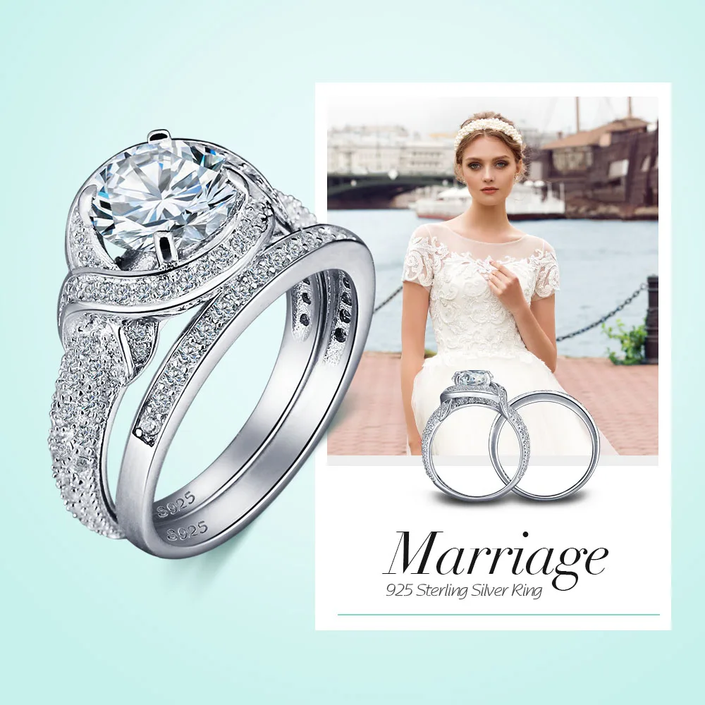 Romantic 925 Sterling Silver Engagement Ring Set Luxurious Women Silver Bridal Ring Sets Wedding Jewelry (JewelOra RI102024)