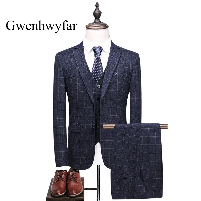 

(Jacket+Vest+Pants)2018 New Dark Grey Plaid Men Suits High Quality Notch Collar Business Men Daily Party Tuxedo Ternos Masculino